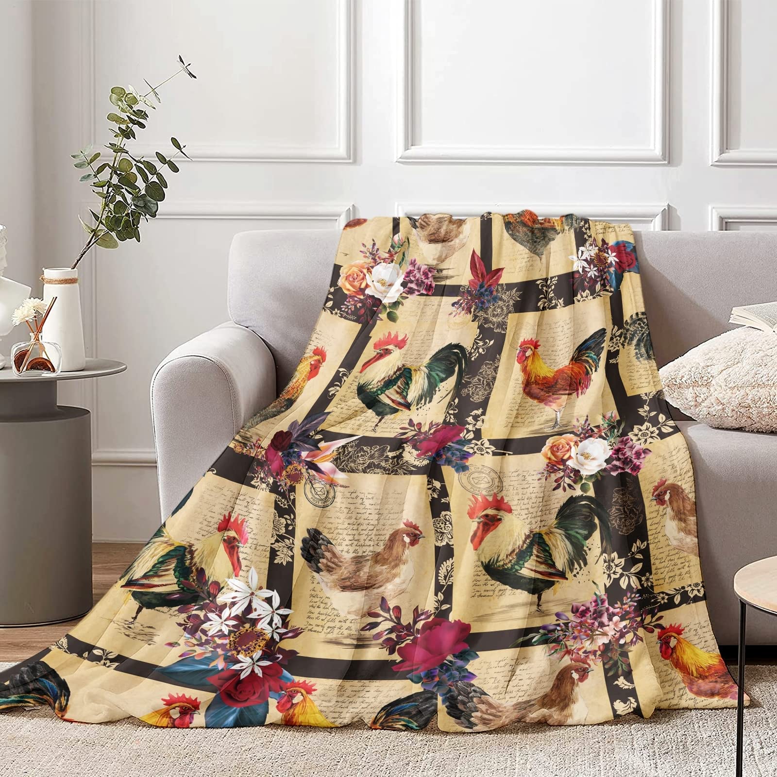 Chicken Blanket Gifts for Girls, Soft Rustic Farm Rooster Plush Flannel Throw Blanket for Kids Teen, Chickens Flowers Cozy Fluffy Blanket for Women Couch Bed Sofa Bedroom Decor, 130 x 150 cm
