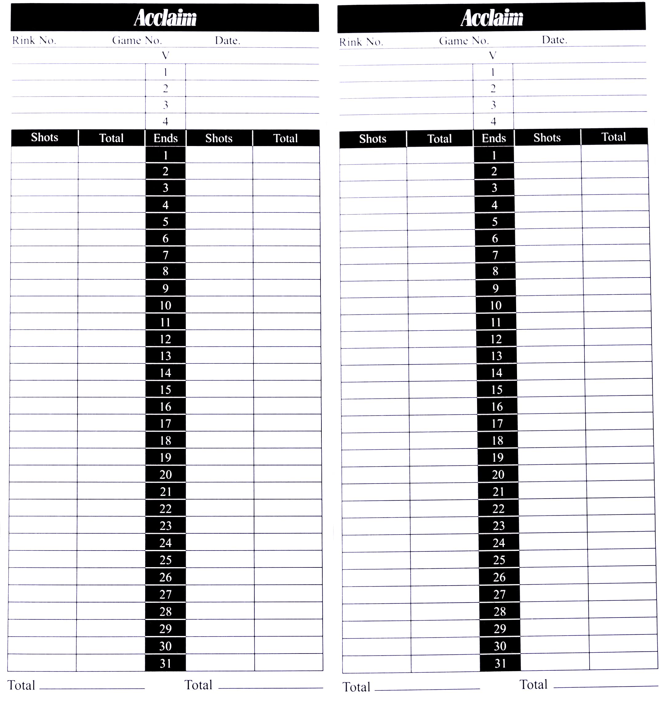 Acclaim Lawn Bowls Scorecards Double Sided Twin Use White With Black Banner & White Text Card Printed Sheets 8 1/4" x 3 3/4" In 100’s 500’s & 1000’s (500)