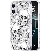 FEWGEY Skull Phone Case for iPhone 16 Compatible with MagSafe, Clear Skeleton for Halloween Gothic Witchy Grunge Cool Design, Heavy-Duty Protection for Women Girls Men Boys, Black White Rose Skull