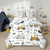 Feelyou Cartoon Car Kids Comforter Set with Sheets 7 Piece Twin Size Construction Bedding Set Boys Decor Equipment Trucks Bed in a Bag Excavator Tractor White Yellow Bed Set Bedroom