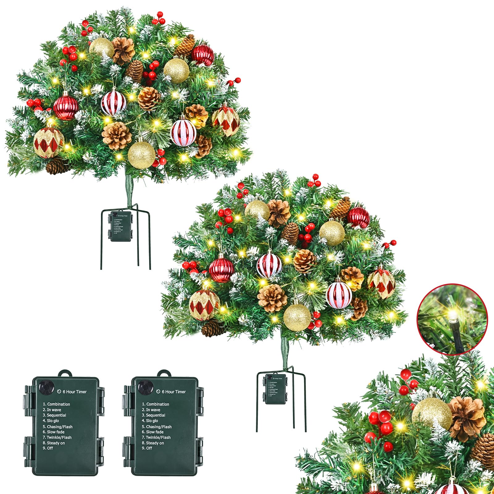 Photo 1 of 2 Pack 23" Outdoor Christmas Tree Urn Filler, Christmas Planter Filler with 50 LED Lights, Pine Cones, Christmas Balls & Red Berries, Tripod Stake for Outdoor Holiday Home Decorations