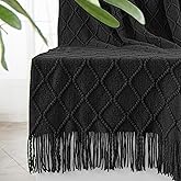 inhand Knitted Throw Blankets for Couch and Bed, Soft Cozy Knit Blanket with Tassel, Black Lightweight Decorative Blankets and Throws, Farmhouse Warm Woven Blanket for Men and Women, 50"x60"