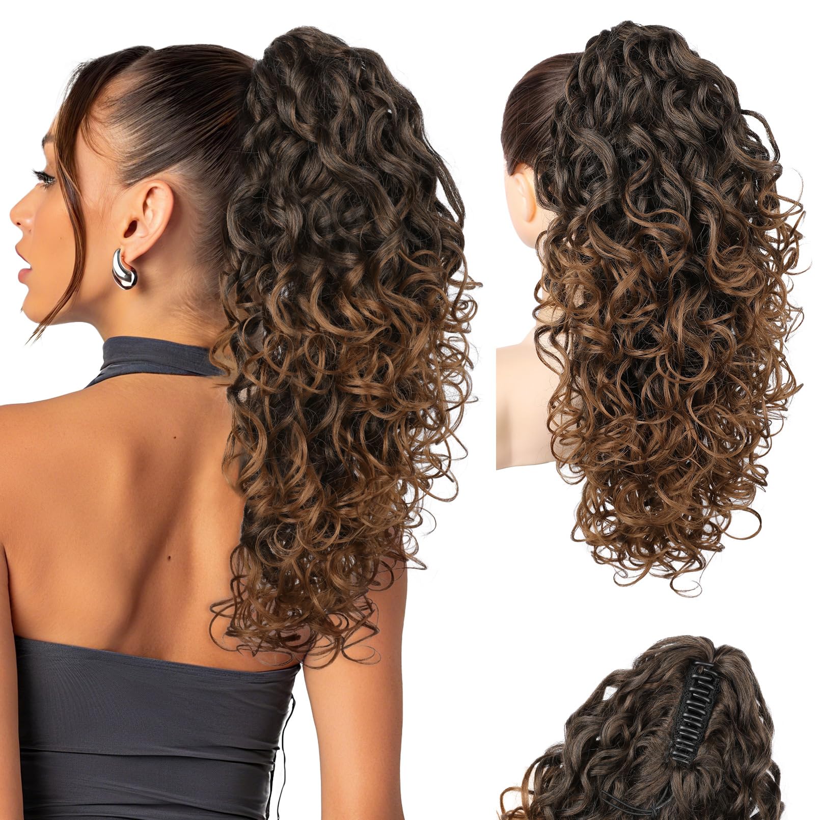 Photo 1 of **VERY FULL PONYTAIL ** Flufymooz 100? Pure Protein Ponytail Extension, 18 Inch Curly Claw Clip Ponytail Hair Extensions Natural Soft pony tail hairpiece for women-Dark Almond Brown with Copper