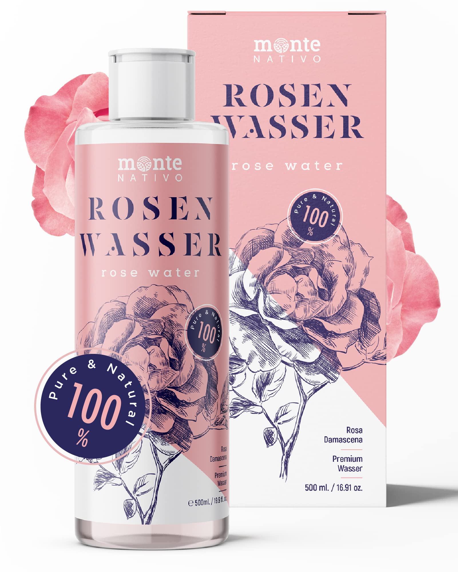 Monte Nativo 100% Pure Rose Water, 500ml - Natural Skin Toner, Rosa Damascena Hydrolat, Triple Purified, Alcohol & Preservative Free, Floral Scent, Hydrating, Dry & All Skin Types