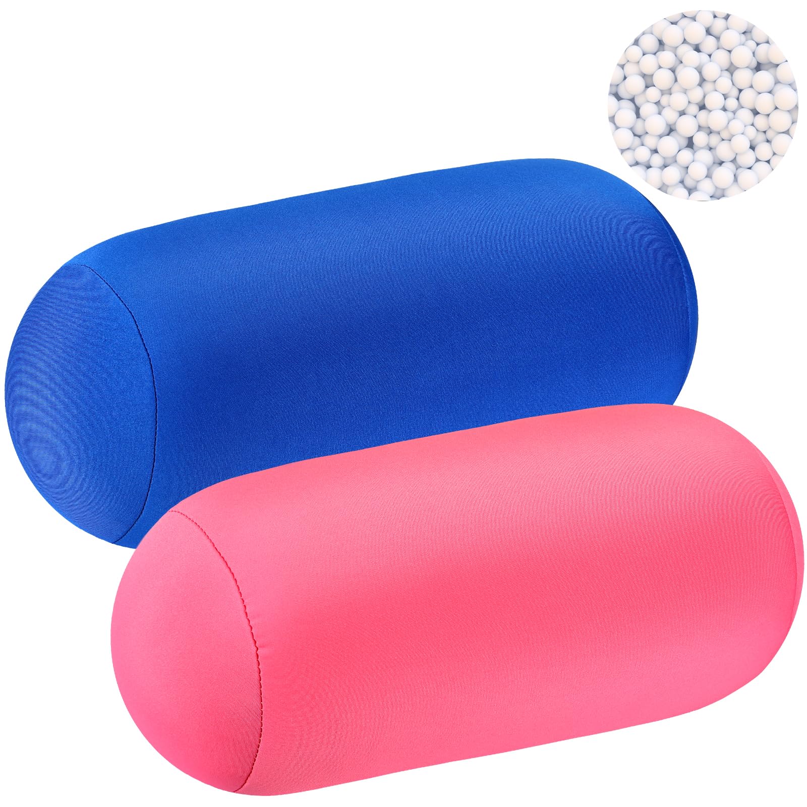 Photo 1 of Geelin 2 Pcs Microbead Roll Pillow 11.8 x 6.3 Inch Soft Pillow Bolster Cylindrical Pillow Microbead Pillows for Sleeping Home Travel Neck Head Back Support Rest (Pink, Blue)