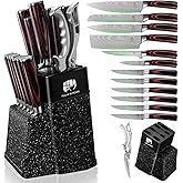 FULLHI 14pcs Block Knife Set, Chef's Knife Steak Knives Set with Block and Sharpener, Kitchen Knife Set, Multi-colour Handle, Gifts for Men Women
