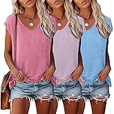 LOOKFACE 3 Pack Womens Cap Sleeve Tops V Neck T Shirts Casual Spring Summer Beach Vacation Fashion Basics Tee Clothes