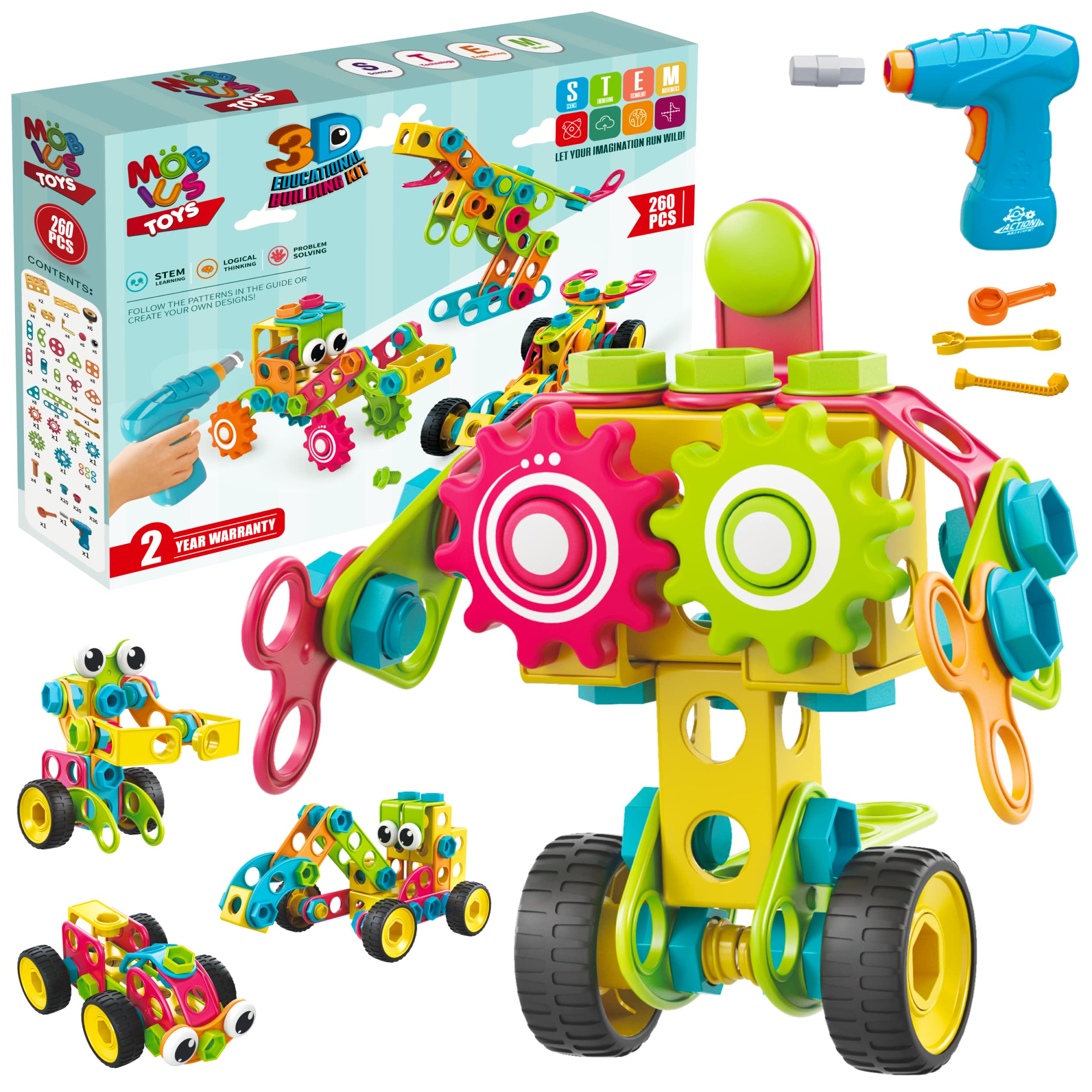 MÖBIUS Toys 260 Piece STEM Learning Toys Kids Construction Engineering Kit Building Block Toy Blocks Children Early Education Playset Power Drill w/Free IdeaBook, Clickable Ratchet, Age 3+