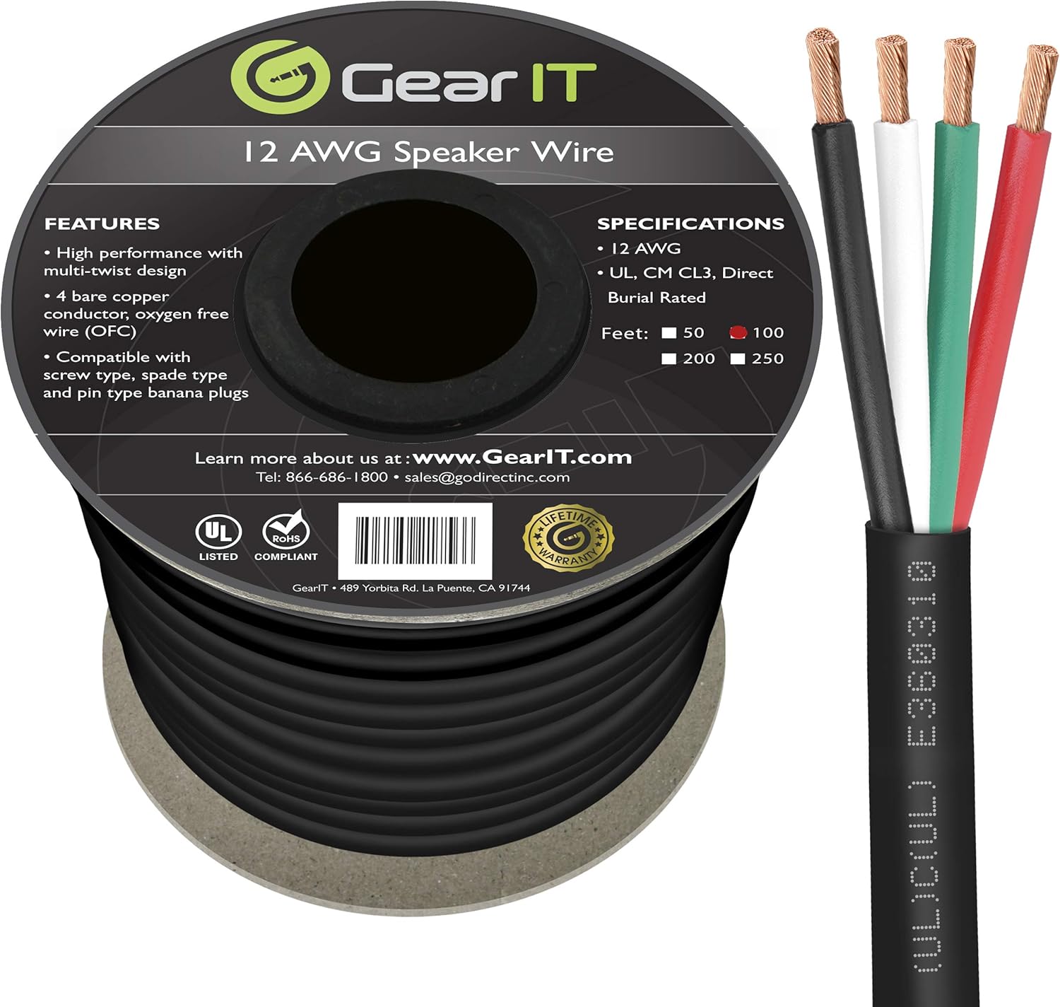 GearIT Pro Series 16 Gauge 4-Conductor Speaker Wire (250 Feet / 76 Meters) 16 AWG OFC (99.9% Oxygen Free Copper) Speaker Wire CL3 Rated for Outdoor Direct Burial Use, Black: Electronics