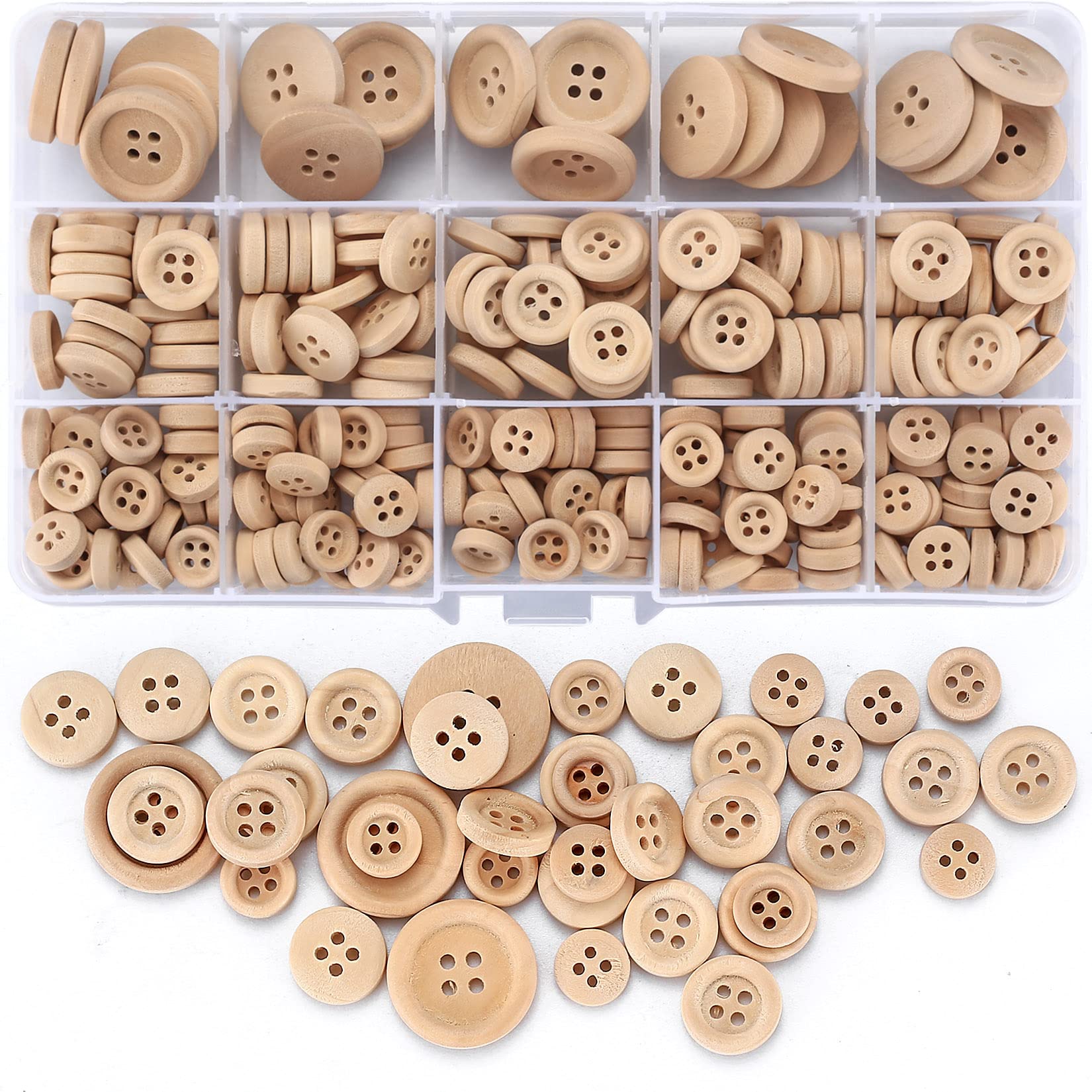 Kigniote 275 PCS Wooden Buttons Handmade Mixed Size Natural Wooden Round Shape Button for Sewing DIY Craft Clothes Knitting Decorations 10mm/13mm/ 20mm