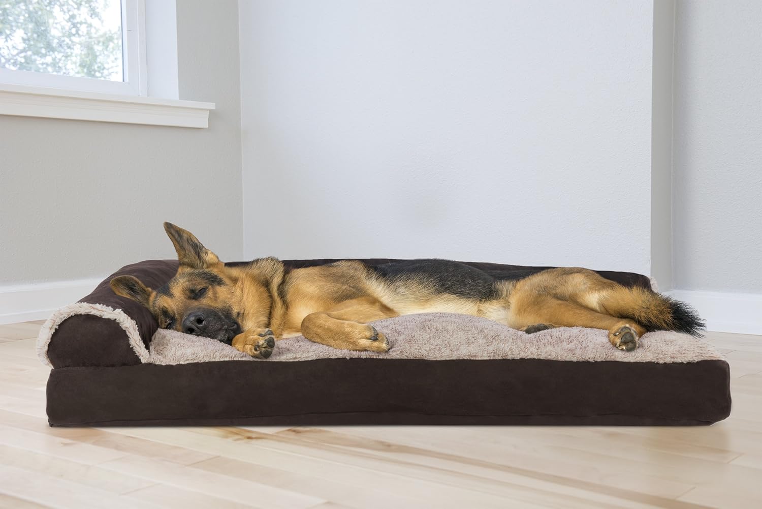 Furhaven Pet Dog Bed - Two-Tone Plush and Suede L Shaped Chaise Lounge Pillow Cushion Sofa-Style Living Room Corner Couch Pet Bed with Removable Cover for Dogs and Cats, Espresso, Jumbo : Pet Supplies