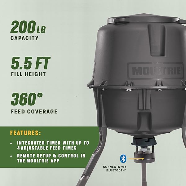 MOULTRIE DEER FEEDER STANDARD – 200 LB. PROGRAMMABLE GAME FEEDER – REMOTE-CONTROLLED WILDLIFE FEEDER – MOULTRIE APP COMPATIBLE