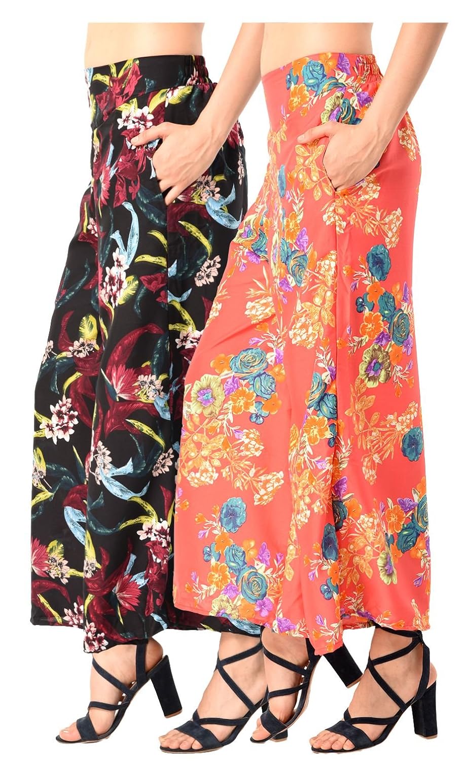 nitikali ladies printed poly crepe palazzo with short style inner lining & 20 inch wide bottom (2 pcs combo)