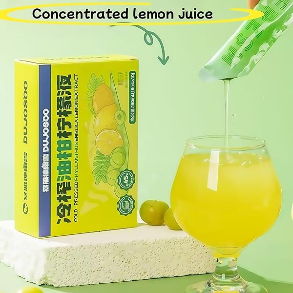 REAL LEMON JUICE, COLD-PRESSED LEMON JUICE CONCENTRATE DRINK MIX, 20 SINGLE-SERVE PACKETS, 15ML EACH. LIQUID WATER ENHANCER. PRESERVES NATURAL VITAMINS WITH COLD-PRESS TECHNOLOGY. MIX WITH WATER, TEA, OR SMOOTHIES IN SECONDS!