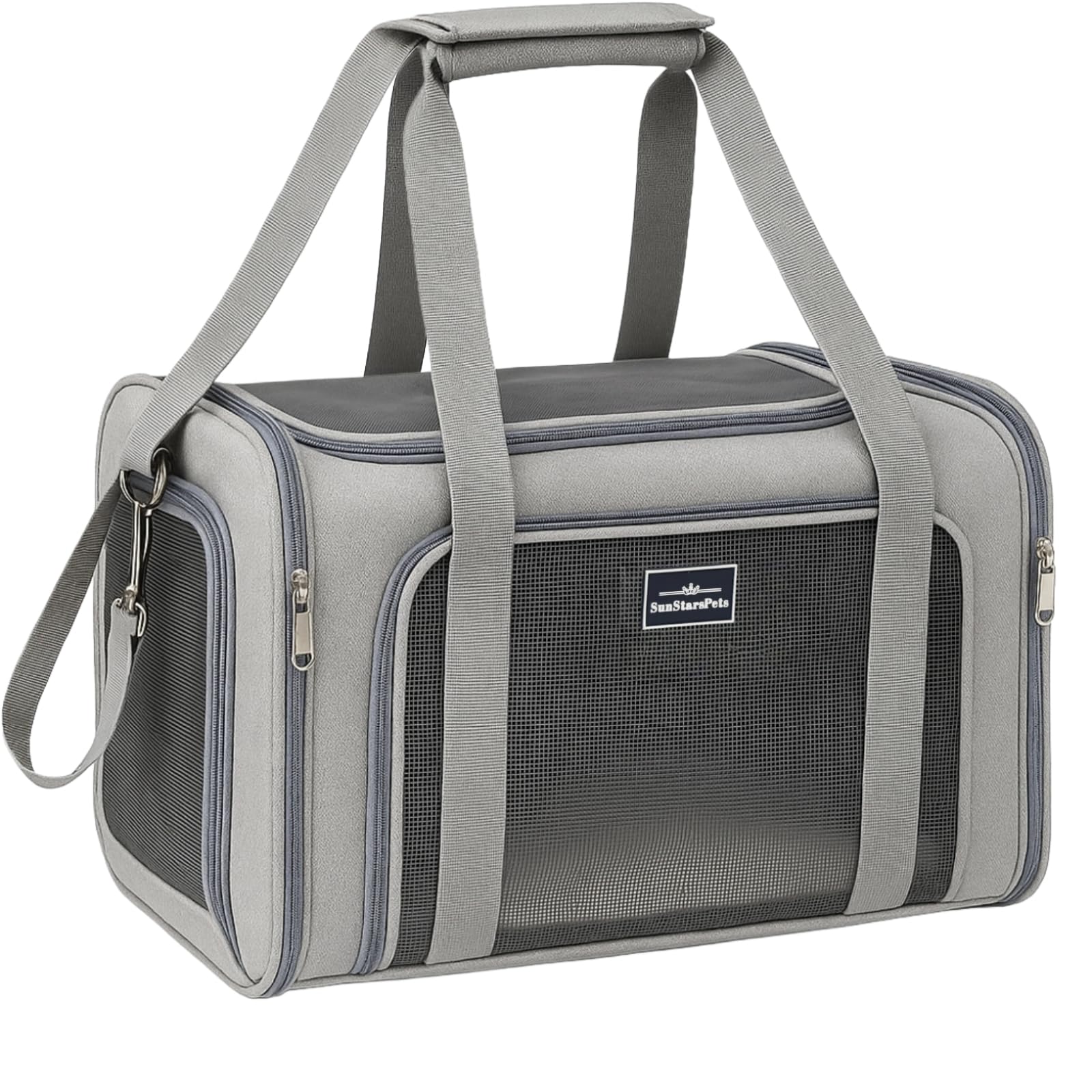 SunStarsPets ペットキャリー 猫・小型犬用 4WAY 折りたたみ式 通気＆軽量 洗える底マット付き 車載・旅行対応 Mサイズ 耐荷重7kg グレー商品画像
