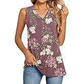 BISHUIGE Womens Henley Tunic Tops Button Up T-Shirts Sleeveless V-Neck Casual Blouses