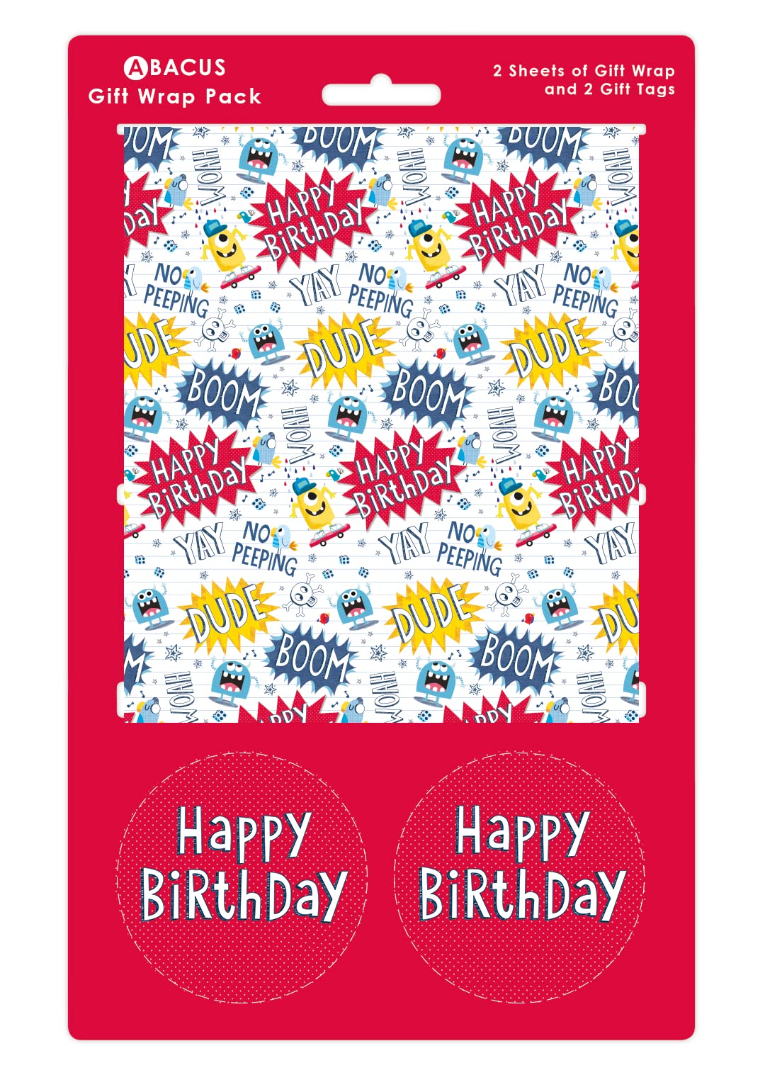 Abacus Cards 08772A "Birthday Monsters" Gift Wrap Pack with 2 Sheets & 2 Tags - Plastic Free & Fully Recyclable