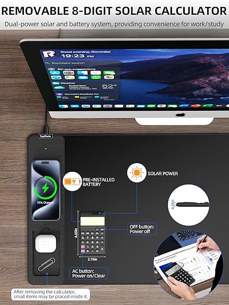 TOPMADE MOUSE PAD WITH 15W WIRELESS CHARGING, REMOVABLE 8-DIGIT SOLAR CALCULATOR, EXACT LARGE DESK PAD, WATERPROOF MOUSEPAD HOME OFFICE DESK MAT (INCLUDES 20W PD POWER ADAPTER & 6.56FT WOVEN CABLE)