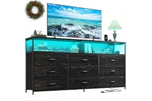 Romorgniz 55" W Dresser for Bedroom with 9 Drawers, LED TV Stand with Power Outlets for 45, 55, 65 Inch TV, Sturdy Long Chest of Drawers with Extra 2 Wooden Shelves, Grain Black