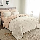 Joiedomi Queen Comforter Set with Sheets Beige, 7 Pieces Queen Bed Set with 1 Down Alternative Comforter, 1 Flat Sheet, 1 Fitted Sheet, 2 Pillowcases and 2 Pillow Shams, Bed in a Bag for All Seasons