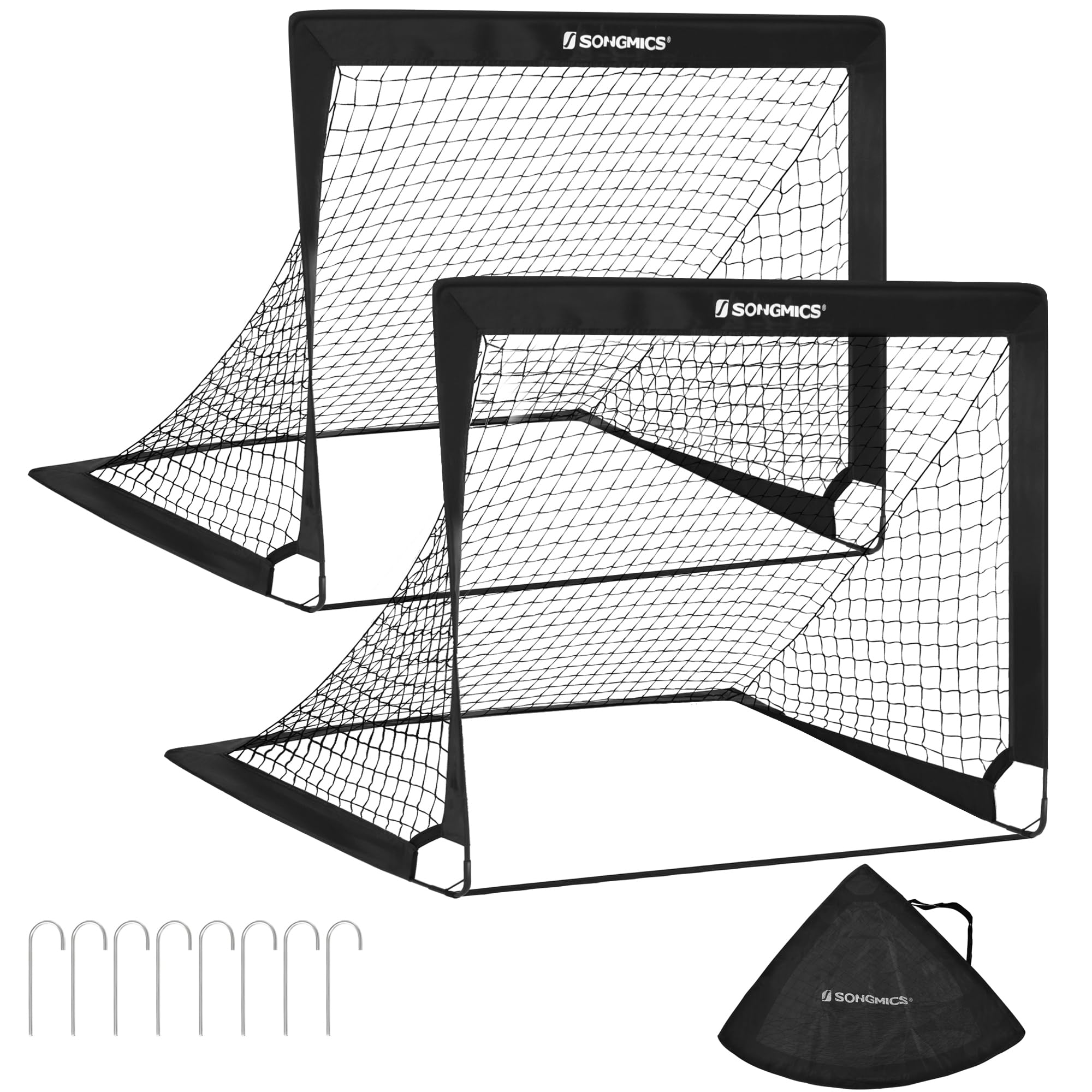 SONGMICS Set of 2 Folding Children's Football Goal, Football Gate, Quick Assembly, Garden Park Beach, Steel, Fibreglass Rod, Oxford and Polyester Fabric, Black SZQ122B02