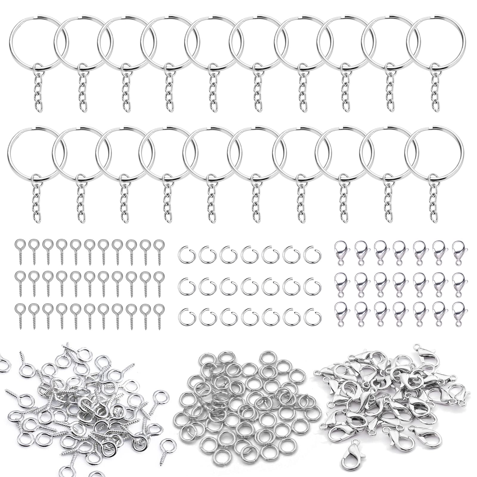 200PCS Key Chain Rings Kit for Crafts, CORGIMHZ Keychain Rings with Jump Rings, Screw Eye Pins and Lobster Clasps for Resin DIY Crafts and Jewelry Finding Making (Silver)