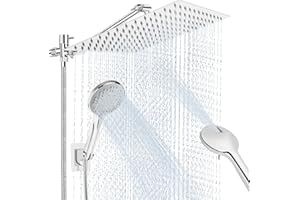 Anysig 12" rain shower head with handheld spray, rainfall shower head with 11" Adjustable Extension Arm, 5 Settings Handheld, Includes Holder/Hose,Built-in Power Wash, Dual Rainfall Shower Head, Chrom
