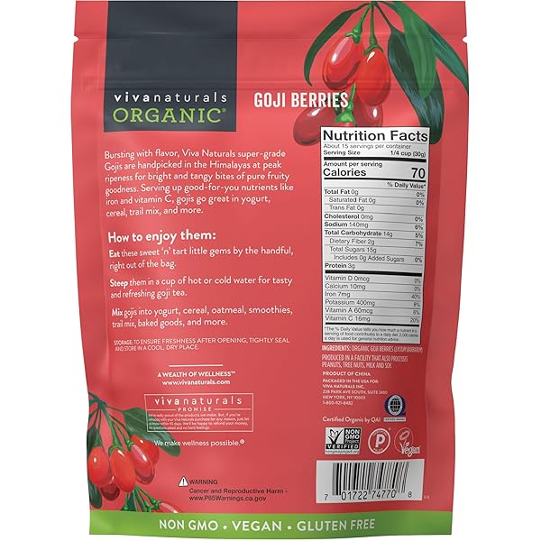 VIVA NATURALS ORGANIC DRIED GOJI BERRIES, 1 LB (454 G) – NON-GMO, VEGAN WOLFBERRIES, PERFECT FOR GOJI BERRY TEA, SMOOTHIES, BAKING & SNACKING