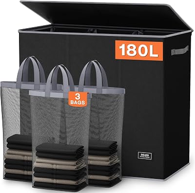 SOLEDI 180L 3-Section Laundry Hamper with Lid and Bags Black