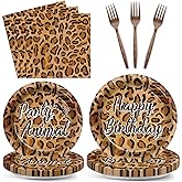 96Pcs Cheetah Print Party Decorations Brown Leopard Print Birthday Themed Tableware Safari Animal Plates Napkins Forks Jungle Leopard Dinnerware Supplies for Baby Shower Birthday Serves 24 Guests