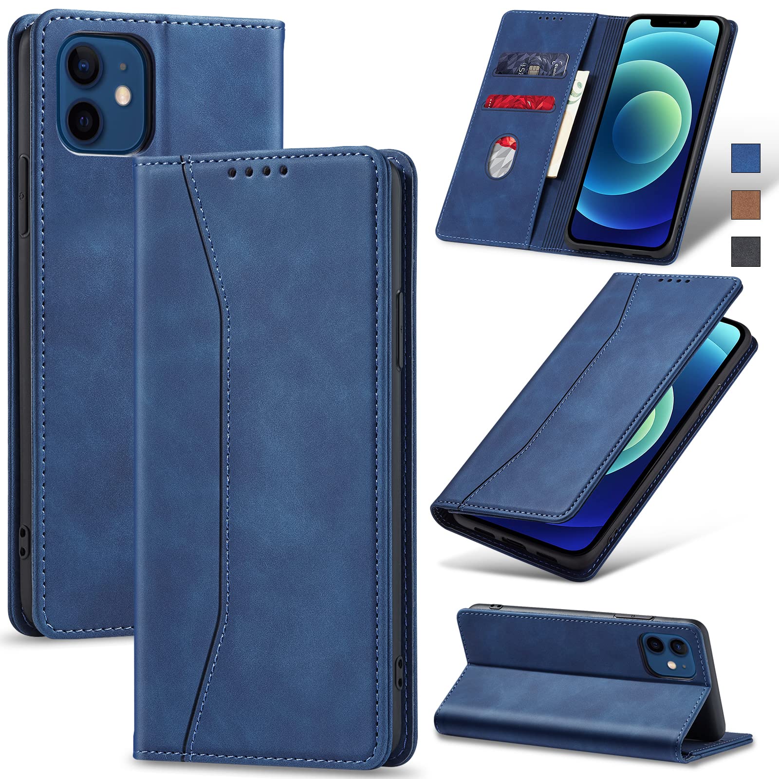 Jasonyu Case for iPhone 12/ for iPhone 12 Pro Leather Wallet Flip Cover with Card Holder,Kickstand, Magnetic Closure,TPU Shockproof Phone Case Compatible with iPhone 12/12 Pro (Blue)