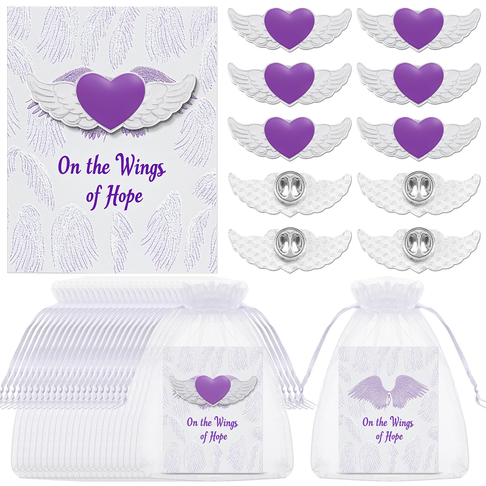Photo 1 of 24 Sets Purple Ribbon Pins with Card Domestic Violence Awareness Lapel Angel Pins Alzheimers Pancreatic Lupus Disease Cancer Awareness Items for Charity Fundraiser Support Supplies