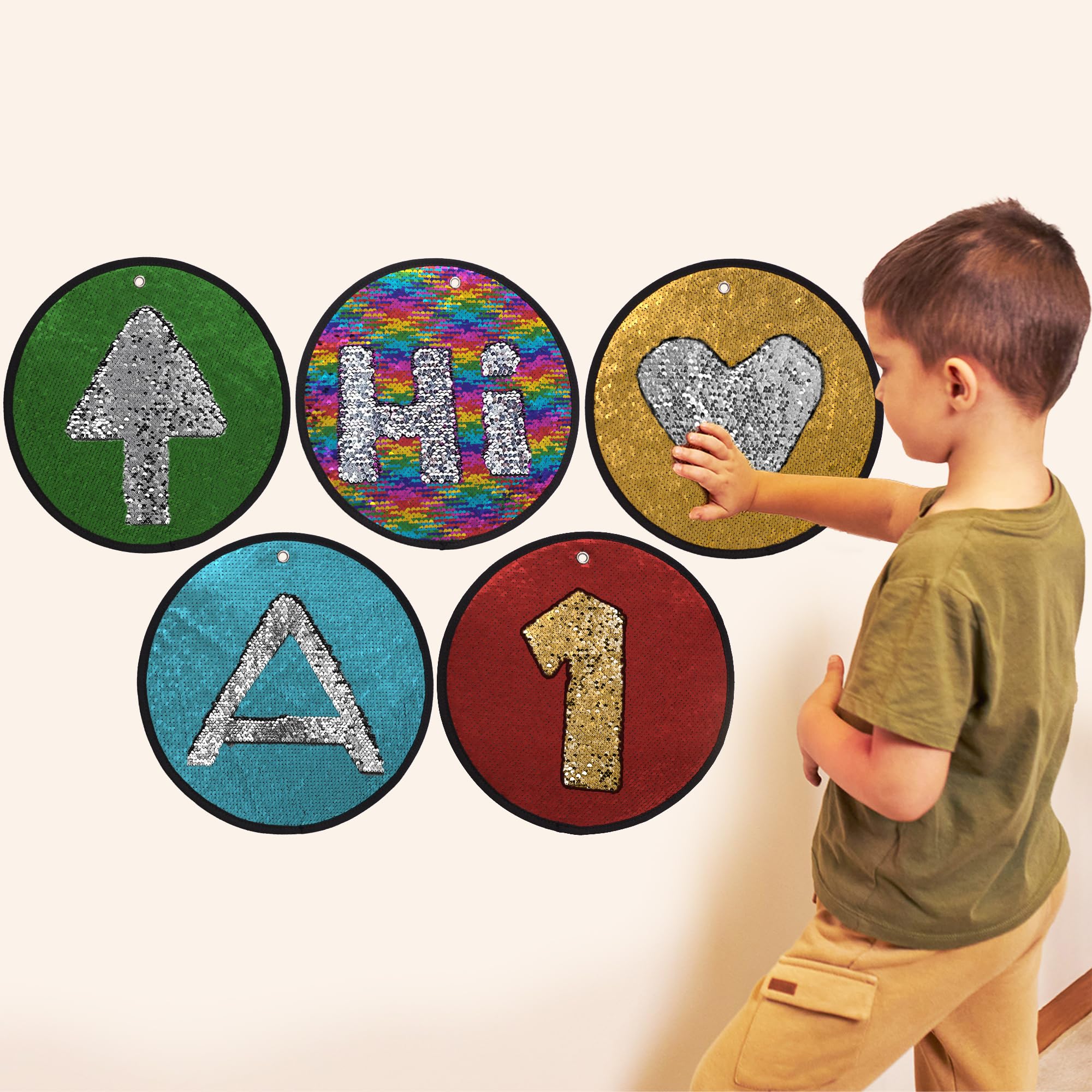 ODOXIA Sequin Fabric Mats | Sequin Fabric Sensory Wall | Sensory Tiles for Kids | Sequin Sensory Mats (Round) | 5-Pack