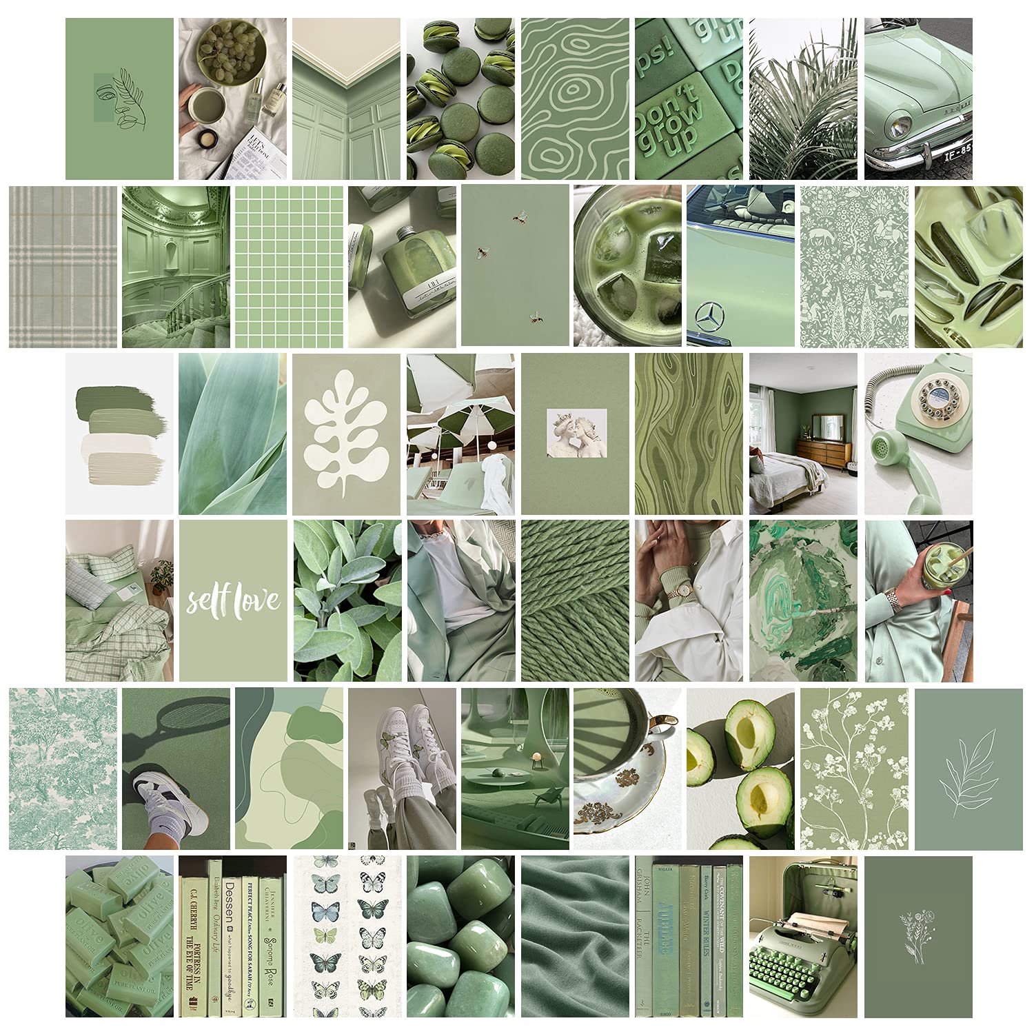 50PCS Green Grey Wall Art Collage Kit, Aesthetic Picture Indie Room Decor, Art Posters for Dorm Wall, Eye-care Print for VSCO Girls Boys, Aesthetic Photo Display for Green Color Lovers Bedroom