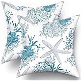 Nautical Coastal Throw Pillow Covers 18"x18" Set of 2 Beach Theme Blue Seashell Coral Starfish Pillow Cover Cotton Summer Couch Pillow Cases Outdoor Sofa Cushion Cover Modern Decor for Bed Living Room