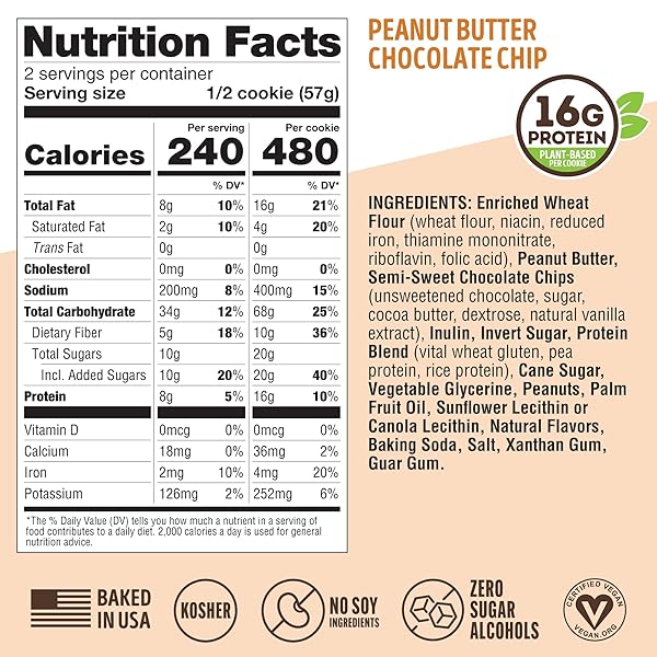 LENNY & LARRY’S COMPLETE PROTEIN COOKIE, [PEANUT BUTTER CHOCOLATE CHIP], CHEWY SOFT BAKED, 16G PLANT PROTEIN, VEGAN, NON-GMO, HIGH FIBER, [4 OUNCE] COOKIE (PACK OF 12)