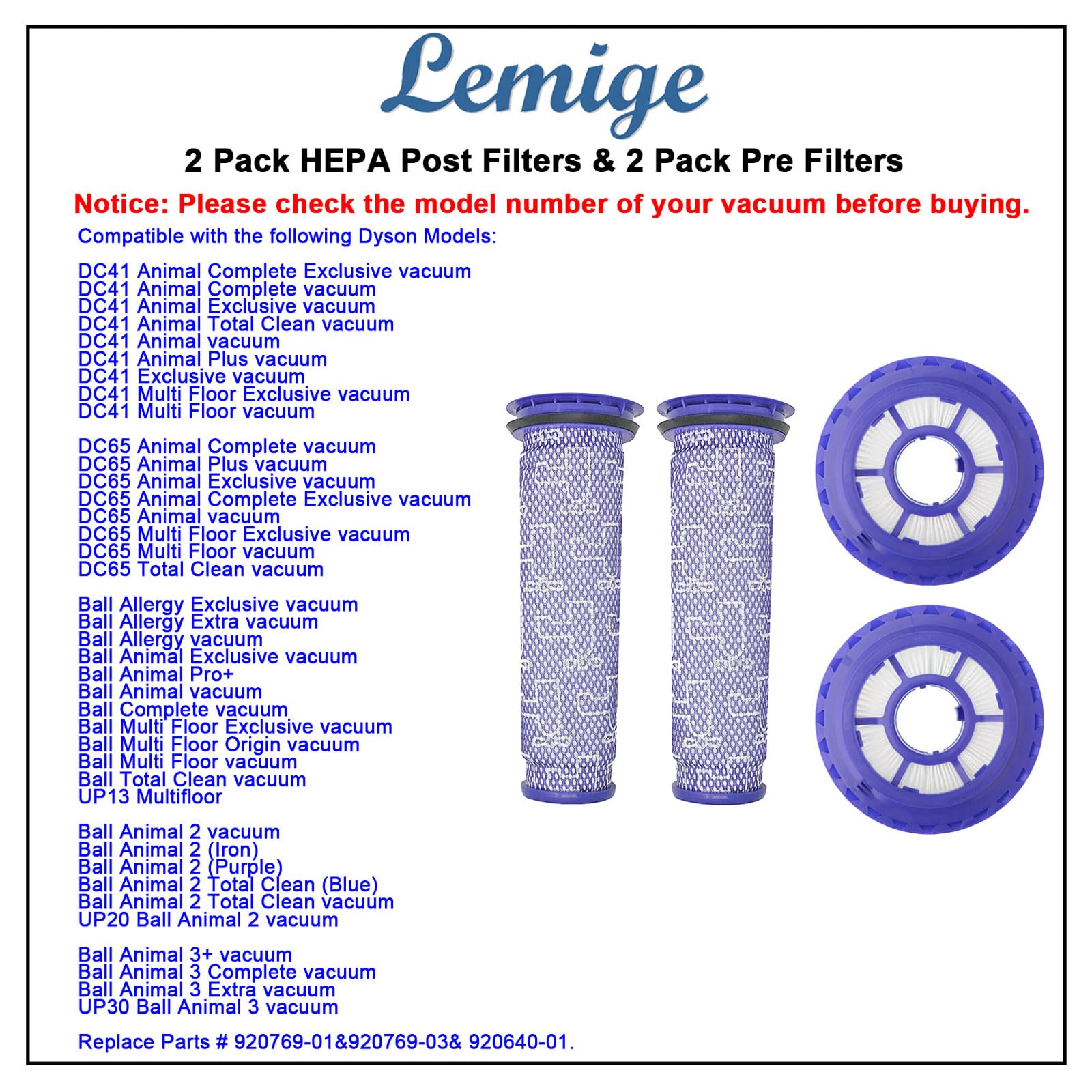 Lemige 2 Pack Post Filters & 2 Pack Pre Filters Replacement for Dyson DC41 DC65 DC66 UP13 UP20 UP30 Animal, Multi Floor and Ball Vacuum Ball Animal 2 Ball Animal 3, Compare to Part 920769-01&920640-01