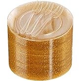 Festiva 200Pcs Gold Glitter Dessert Plates 6.3" with Forks 5"-Small Plastic Dessert/Cake/Appetizer Plates Disposable for 100 Guests Easter Party &Wedding& Birthday&New Year