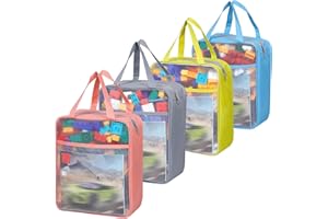 TRUELUX 4 Pack Extra Large Mesh Toy Zipper Storage Bags(11.8 * 9.8 * 5.2in),Magnetic Tiles Block Sets Plush Toy Storage Organizer with Pockets, Travel Breathable See Through Colored Pouch with Handle