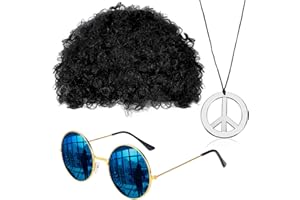 Gejoy Hippie Costume Set Funky Afro Wig Sunglasses Peace Sign Necklace for 50/60/70s Theme Party (Black)