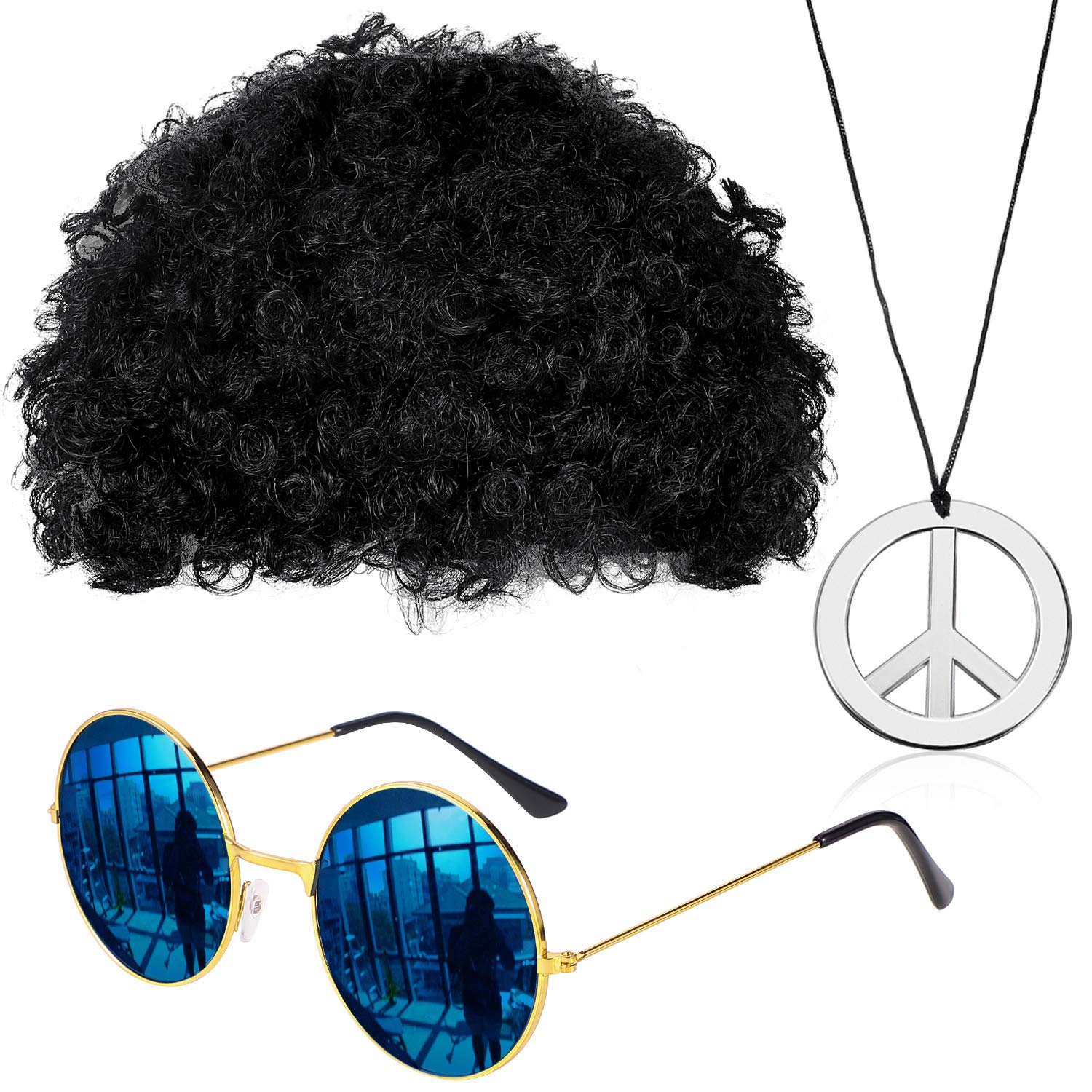 Photo 1 of ***ONLY WIG*** Gejoy 3 Pcs Halloween Disco Costume Set for Men Funky Afro Wig Sunglasses Peace Sign Necklace for 50/60/70s Hippie Theme Party Black