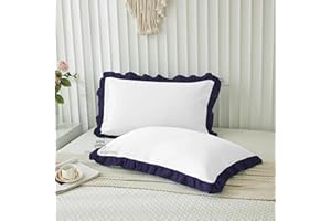 AYANSHI BEDDING Dual Tone Ruffle Pillow Shams Standard King Size Set of 2, 20X36 - Unique Ruffled Fringe Design Pillow Cases Soft & Breathable - Luxurious Decorative Pillow Covers 20X36 - (White-Navy Blue)