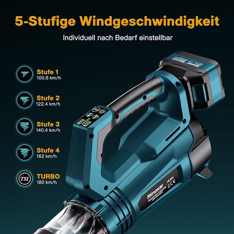Akku Laubbläser Kabellos, Leicht und Bürstenlos, 4 Stufen+Turbo, 2 Akkus