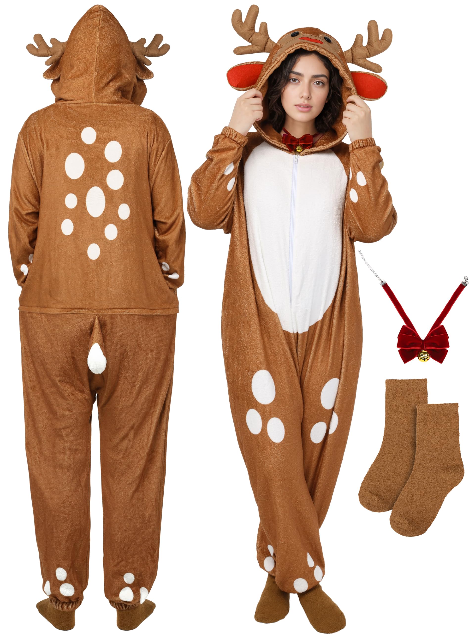 Photo 1 of (incomplete) SOMSOC 3 Pcs Unisex Onesie Pajamas Christmas One-Piece Sleepwear Animal Costume Jumpsuit Hooded Homewear for Adult