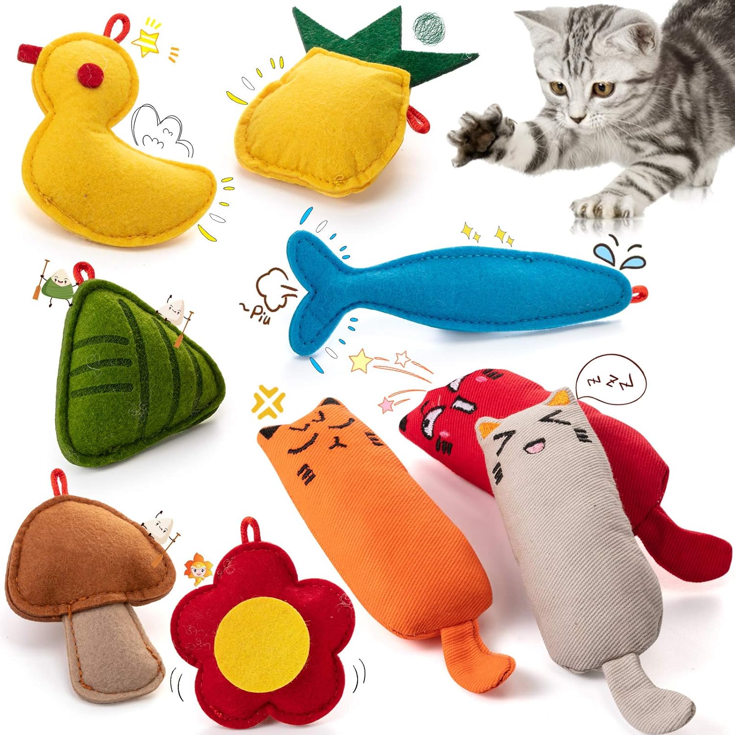 Skylety 9 Pieces Cat Catnip Toys Cartoon Square Catnip Cat Chew Toys