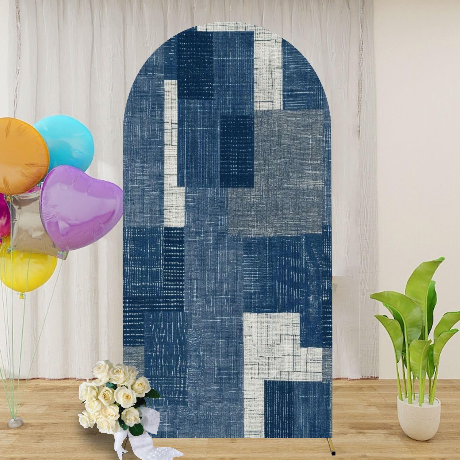 Photo 1 of Patchwork Denim Textures Pattern 7.2FT Wedding Arch Cover Spandex Fitted Fabric Round Top Stretchy Backdrop Stand Covers for Wedding Birthday Party Decoration