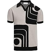 OXKNIT Mens Black V-Neck Polo Shirt 1960s Style Knit Golf Polo Short Sleeve Vintage Summer Shirt