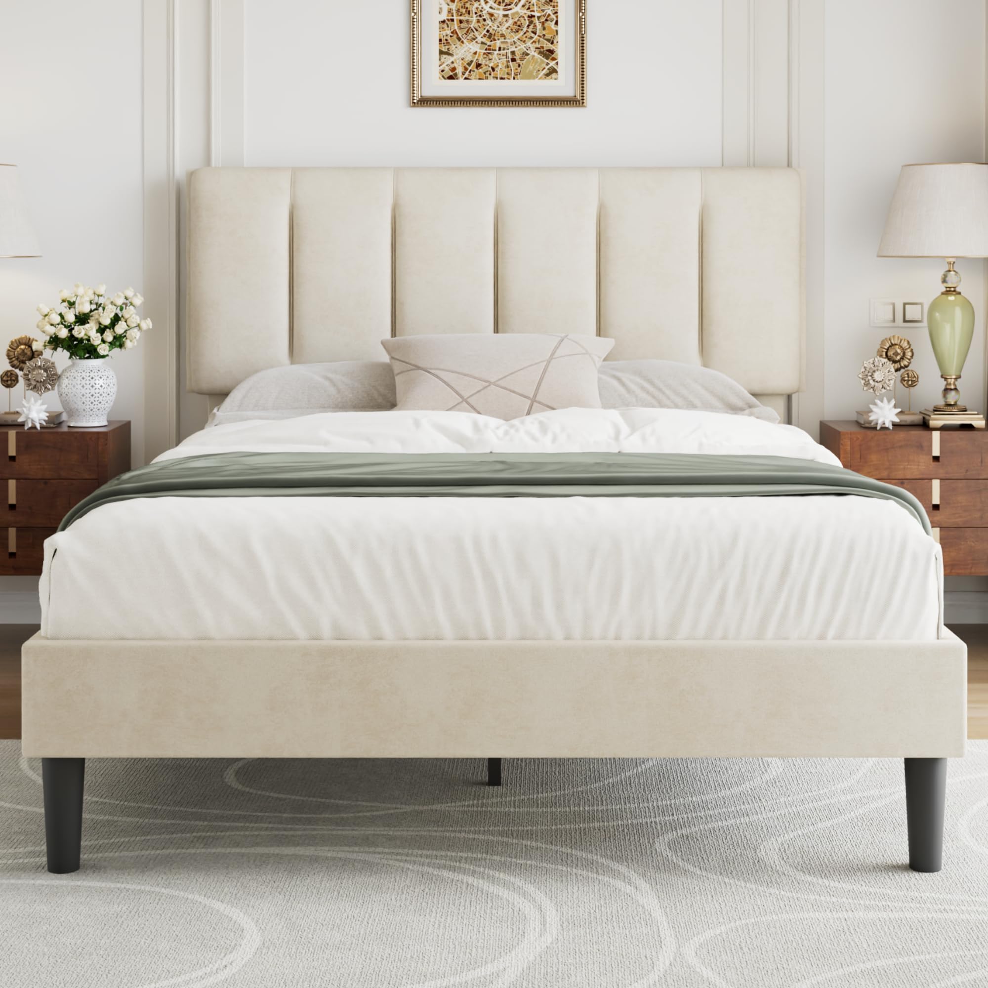 VECELO Full Size Bed Frame with Upholstered Headboard, Heavy-Duty Bedframe with Strong Wooden Slats Support, No Boxing Spring Needed, Pale Beige Image