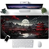 Japanese Desk Mat Riverside Full Moon Desk Pad Black Red Large Mouse Pad Gaming Mousepad Extended XXL Keyboard Pad 31.5 x 15.7 in Laptop Computer Mouse Keyboard Mat for Office Desk Decor