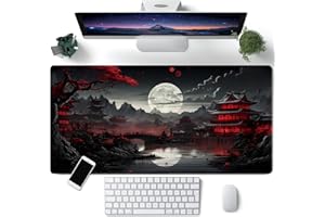 CYZFF Japanese Desk Mat Riverside Full Moon Desk Pad Black Red Large Mouse Pad Gaming Mousepad Extended XXL Keyboard Pad 31.5 x 15.7 in Laptop Computer Mouse Keyboard Mat for Office Desk Decor